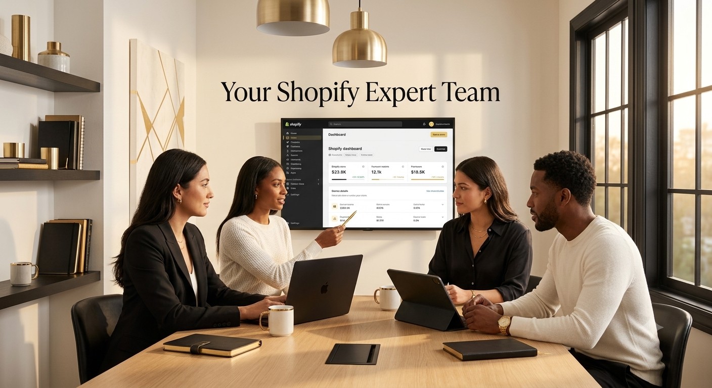 Shopify specialists collaborating around a live ecommerce dashboard